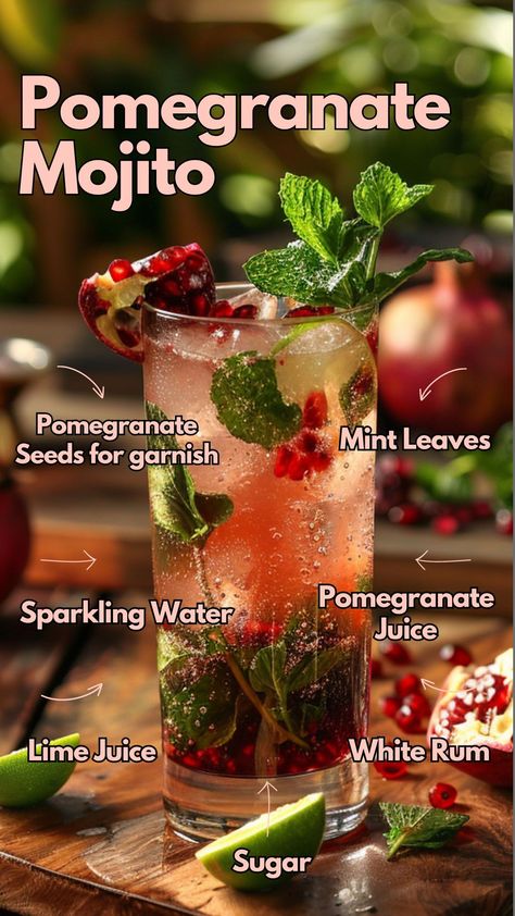 The Pomegranate Mojito is a perfect balance of flavors. It's sweet from the pomegranate juice, tangy from the fresh lime, and has a hint of minty freshness. #PomegranateMojito Cocktail Recipes Party, Pomegranate Cocktail, Pomegranate Mojito Recipe, Pomegranate Alcohol Drink, Mocktail With Pomegranate Juice, Pomegranate Drinks Cocktails, Mixed Berry Mojito, Pomegranate Juice Cocktails, Pomegranate Mojito