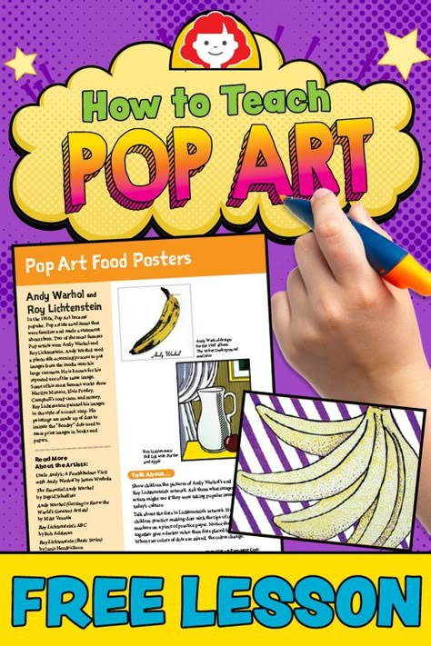 Pop Art Lessons For Middle School, Elementary Projects, Pop Art Food, Third Grade Art, Classe D'art, Pop Art For Kids, 8th Grade Art, Middle School Art Projects, Colorful Pop Art