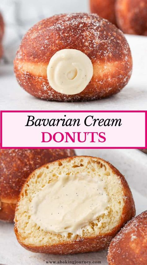 Homemade Bavarian Cream, Cream Donut Recipe, Bavarian Cream Filling, Brioche Donuts, Cream Filled Donuts, Donuts Recipes, Cream Donut, Homemade Donuts Recipe, Bavarian Cream