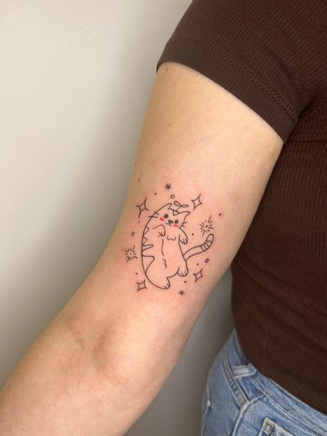 Starry Cat Tattoo, Cat Stars Tattoo, Cat And Stars Tattoo, Cat Star Tattoo, Kawaii Cat Tattoo, Silly Cat Tattoo, Cartoon Cat Tattoo, Cat Tats, One Line Tattoo