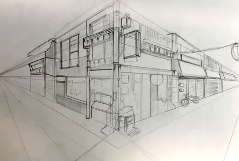 Background Practice Drawing, Two Point Perspective Sketch, 2 Point Perspective Drawing Building, Hong Kong Sketch, Building Perspective Drawing, Two Perspective Drawing, House In Perspective, Perspective 2 Point, Two Point Perspective City