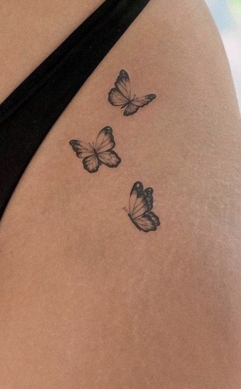 Butterfly Tattoo On The Hip, Butterfly Tattoo Pelvis, Small Tattoo Hidden Placement, Butterfly Tattoo Hip Bone, Butterfly Tattoo Shading, Lower Side Stomach Tattoos Women, Women Tattoos Butterfly, Butterfly Waistline Tattoo, Medium Hip Tattoo