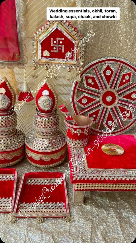 VrishtiCreationsRaipur | Wedding essentials in bright shades. Supa, Kalash, toran, chaak, chowki, and okhli Contact 9669207565,9826116090 Follow us on Instagram... | Instagram Kalash Decoration Handmade, Rukhwat Ideas, Handmade Hamper, Kalash Decoration, Coconut Decoration, Diy Crafts Easy At Home, Wedding Gift Hampers, Wedding Platters, Thali Decoration Ideas