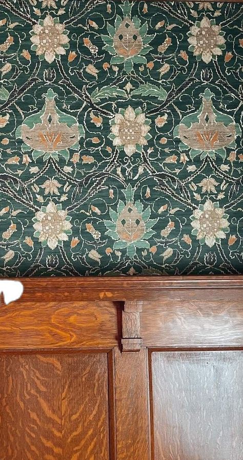 Arts And Crafts Wainscoting, 1910s House Interior Modern, Wallpaper Dining Room Wood Trim, Wood Wainscoting With Wallpaper, Craftsman Wallpaper Bathroom, Wallpaper Craftsman Home, Wood Panel And Wallpaper, Wood Paneling With Wallpaper, 1890 Interior Design