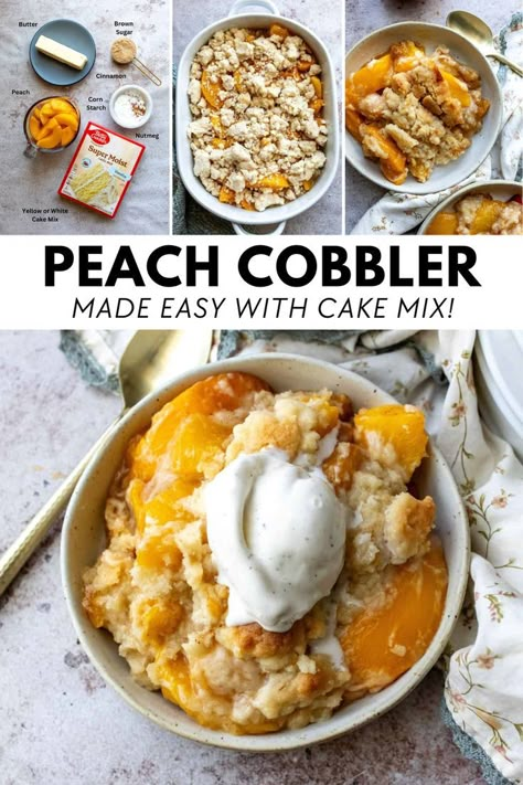 This easy peach cobbler with cake mix is a delightful summer dessert that everyone will love. Sweet, juicy peaches combined with a buttery, golden brown topping and served with a scoop of vanilla ice cream for the perfect summer treat! Cobbler With Cake Mix Easy, Cake Mix Peach Cobbler, Peach Desserts Easy, Peach Cobbler Cake, Cake Mix Cobbler, Peach Cobbler Dump Cake, Cobbler Easy, Easy Peach Cobbler, Ice Cream Ideas