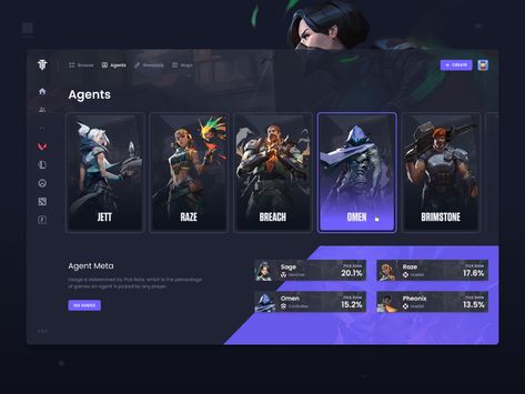 Tournament & Esports Platform - Valorant Agents by Saphant on Dribbble Valorant Agents, Ui Design Dashboard, Card Ui, Gui Design, App Interface Design, Ui Design Website, Game Interface, Game Ui Design, Webpage Design