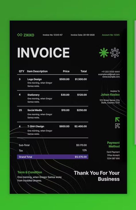 Green Modern Invoice Template AI, EPS, PSD Creative Invoice Design, Invoice Design Creative, Agenda Board, Invoice Design, Image Notes, Street Names, Invoice Template, Templates Downloads, Cmyk Color