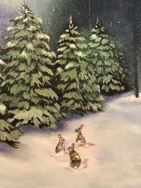 Bunny Painting, Winter Wallpaper, Winter Art, Vintage Winter, Dreamy Art, Christmas Paintings, Christmas Illustration, Christmas Aesthetic, Cozy Christmas