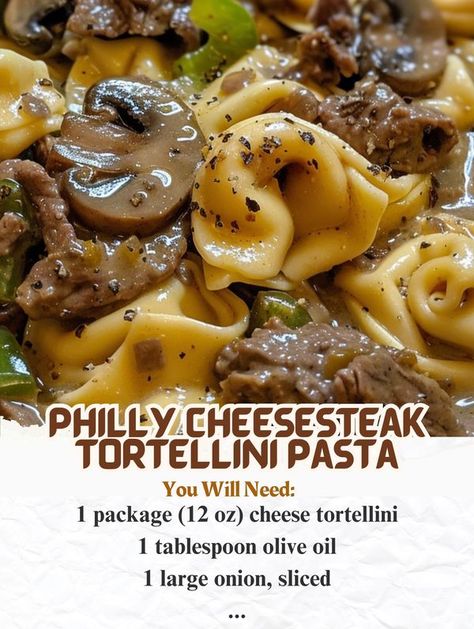 Recipe Today Philly Cheese Steak Tortellini, Philly Cheesesteak Tortellini Pasta, Beef Barley Soup Stovetop, Baked Sandwiches, Tortellini Pasta, Beef Barley Soup, Pasta Ingredients, Spaghetti Recipes, Beef Dinner