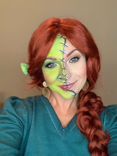 Warrior Fiona Shrek, Princess Fiona Costume Diy, Fiona Makeup Shrek, Princess Fiona Makeup, Fantasia Shrek E Fiona, Fiona From Shrek Costume, Shrek The Musical Makeup, Shrek Halloween Decorations, Fiona Costume Diy