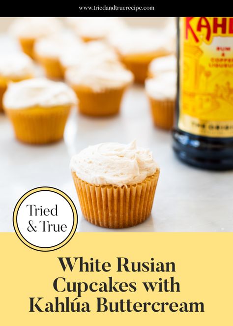 These White Russian Cupcakes with Kahlúa Buttercream are simple cupcakes with kahlúa and they taste exactly like the classic White Russian cocktail. The post White Russian Cupcakes with Kahlúa Buttercream appeared first on Tried & True Recipes. White Russian Cupcakes, Kahlua Cupcakes, Boozy Cupcakes Recipes, Martini Flavors, Simple Cupcakes, Kahlua Recipes, White Russian Cocktail, Boozy Cupcakes, Tried And True Recipes