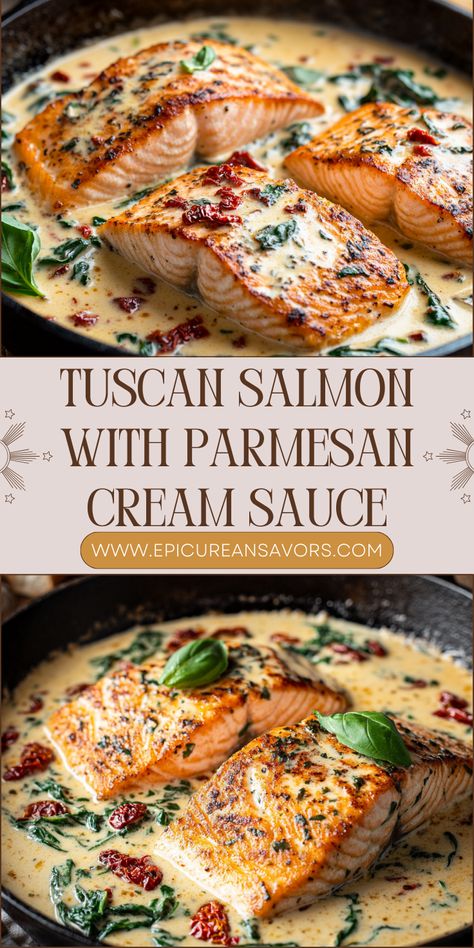 This Tuscan Salmon is rich, creamy, and packed with flavor! Pan-seared salmon in a garlic-Parmesan sauce with sun-dried tomatoes and spinach. Ready in 30 minutes! Parmesan Cream Sauce Recipe, Mediterranean Dinner Ideas, Food Charlatan Recipes, Creamy Tuscan Salmon, Salmon Recipe Pan, Tuscan Salmon Recipe, Seafood Dinner Ideas, Tuscan Salmon, Mediterranean Dinner