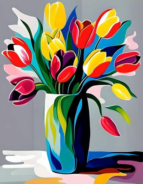 Abstract Pop Art Painting, Vase Of Tulips, Pop Art Flowers, Color Wheel Art Projects, Abstract Art Images, Kerala Mural Painting, Tulip Painting, Tulips Art, Easy Canvas Art