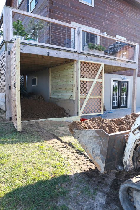 Under Deck Garden Supply Storage - CREATIVE CAIN CABIN Under Deck Shed, Under Porch Storage, Storage Under Deck, Under Deck Enclosure Ideas, Under Deck, Under Deck Landscaping, Enclosed Decks, Under Deck Storage, Deck Enclosures