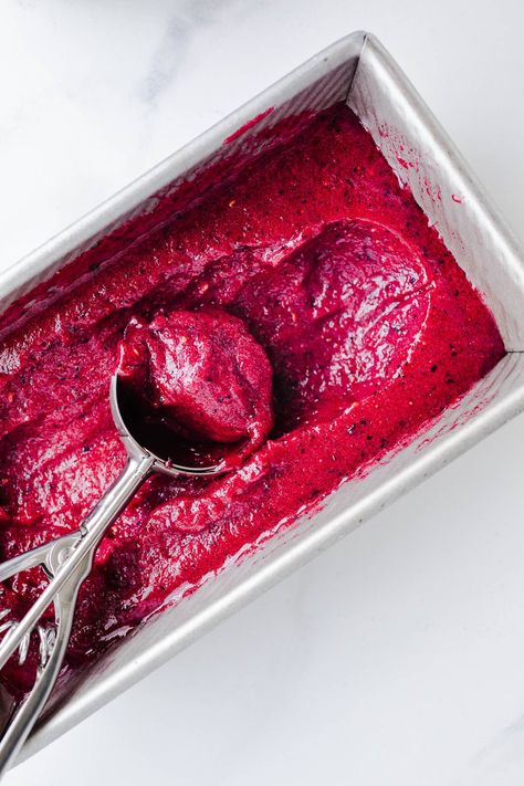 Easy Berry Sorbet – Salted Plains Berry Sorbet Recipe, Mixed Berry Sorbet, Homemade Sorbet, Berry Sorbet, Dairy Free Treats, Sorbet Recipes, Fruit Puree, Strawberry Rhubarb, Frozen Treat