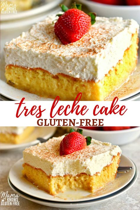 Really good! Authentic homemade gluten-free Tres Leches Cake. Sponge cake soaked in sweet milk and topped with fresh whipped cream. #glutenfreerecipes #glutenfreecake Gluten Free Tres Leches Cake, Gluten Free Tres Leches, Healthy Vegan Dessert, Glutenfri Baking, Leche Cake, Tres Leches Cake Recipe, Gluten Free Desserts Healthy, Cheesecake Vegan, Gluten Free Cake Recipe