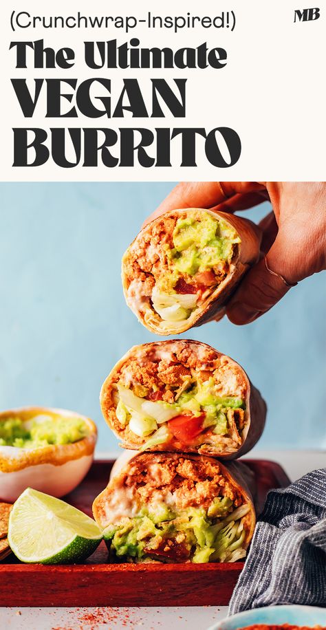 The ULTIMATE vegan burrito, inspired by a Crunchwrap! Smoky tofu taco meat, creamy white bean queso, crunchy tortilla chips, vibrant guacamole, and fresh veggies. Vegan, gluten-free optional, and ready in just 30 minutes! #minimalistbaker #vegan #burrito #crunchwrap Tofu Taco Meat, Beginner Vegan, Crunchwrap Recipe, Quick Guacamole, Vegetarian Burrito, Tofu Tacos, Vegan Burrito, Minimalist Baker, Vegan Lunch Recipes