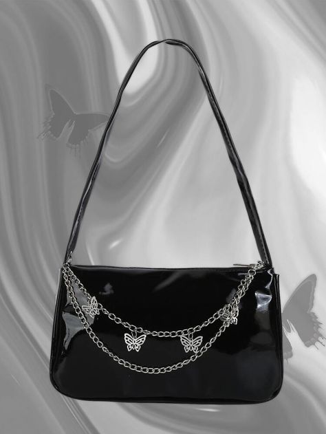 Free Returns ✓ Free Shipping On Orders $49+ ✓. Metal Butterfly & Chain Decor Baguette Bag- Women Shoulder Bags at SHEIN. Black Bags Women, Mini Black Bag, Butterfly Chain, Tas Bahu, Neon Bag, Chain Decor, Animal Bag, Metal Butterfly, Black Handbag