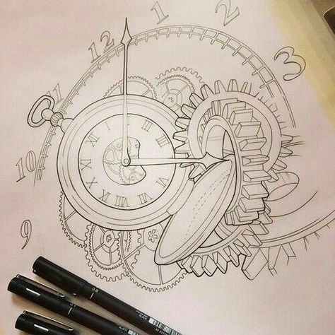 Pocket Watch Drawing, Clock Drawing, Compass Clock, Watch Tattoo Design, Gear Tattoo, Clock Drawings, Compass Drawing, Pocket Watch Tattoos, Steampunk Tattoo