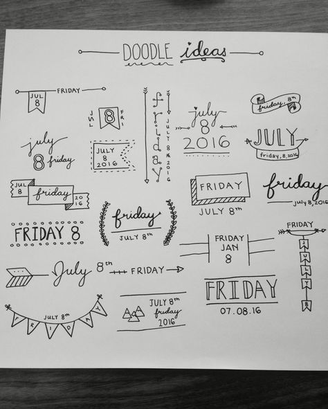 Doodle ideas for date and time with fun banners and designs :) Doodles Journal, Doodles Simple, Doodles Design, Zentangle Doodles, Crazy Laura, Bullet Journal Headers, Bullet Journal Font, Journal Fonts, Note Doodles