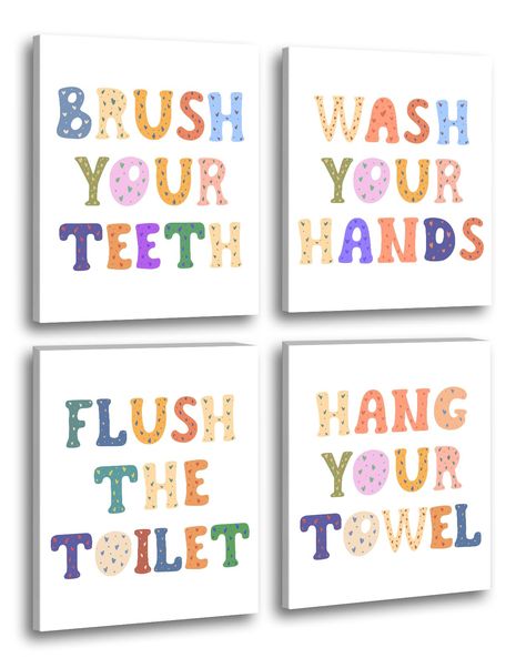 PRICES MAY VARY. 🌞◆KIDS WALL DECOR-Decorate your Home with these Bathroom Pictures. They will help your Kids Always Remember to develop a Good Habit of Being Independent. ﻿ 🌞◆CREATIVE GIFTS-This interesting rules decor are suitable for children's bathrooms, washrooms, schools, hotel washrooms or other places, and are the best gifts for children. ﻿ 🌞◆BATHROOM RULES ART WORK: Are you looking for wall decor to to freshen bathroom ? This set of colorful bathroom rules prints is helpful to you,whi Girls Restroom Ideas, Gender Neutral Bathroom For Kids, Unisex Kids Bathroom Ideas, Colorful Bathroom Art, Boy Girl Bathroom, Modern Kids Bathroom, Children Bathroom, Rainbow Bathroom, Kids Bathroom Colors