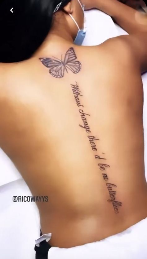 Spine Tattoos With Butterflies, Top Of Spine Tattoo, Butterflies Down Spine Tattoo, Spine Tattoos For Women Quotes Butterfly, Baddie Spine Tattoo Butterfly, Spine Tattoos For Black Women, Back Tattoo Black Women, Colored Butterfly Tattoo On Dark Skin, Black Girls Spine Tattoo