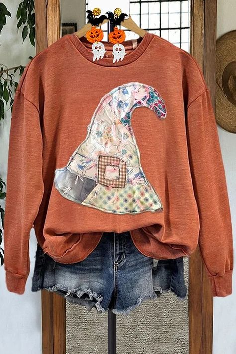 Halloween Applique Sweatshirt, Casual Halloween, Halloween Hat, Patchwork Sweatshirt, Quilted Clothes, Diy Sweatshirt, Halloween Hats, Hat Print, Round Neck Top