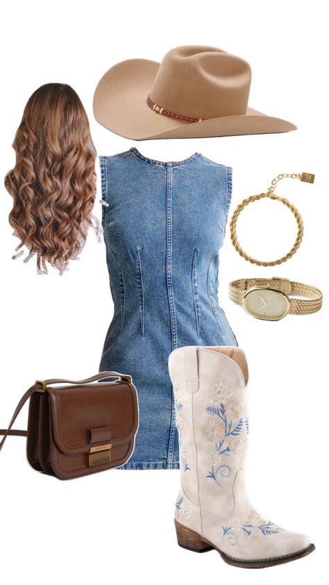 country concert outfit or a night out! adorable boots and purse elevate this denim dress perfectly! Country Dresses With Boots, Boho Grunge Outfits, Cowboy Outfits For Women, Dallas Outfit, Outfits For Mexico, Country Style Outfits, Nashville Outfits, Europe Outfits, Country Dresses