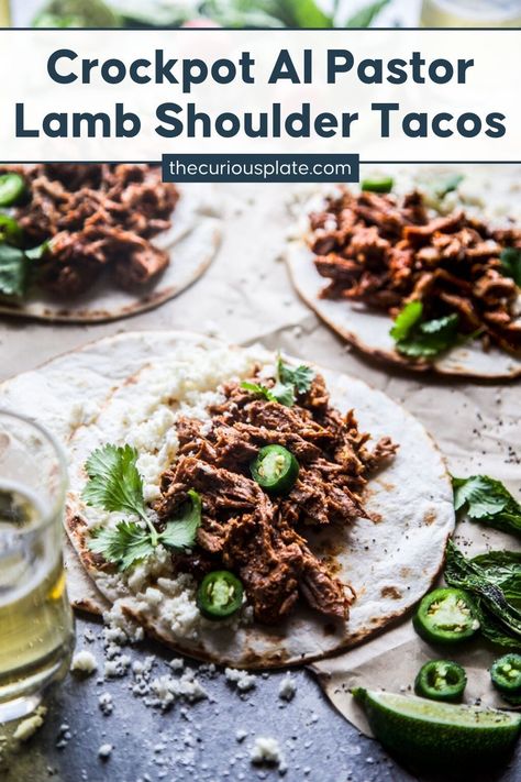 Slow Cooker Al Pastor Lamb Shoulder Tacos are thinly sliced pieces of marinated boneless American Lamb shoulder. Made with fresh pineapple, adobo peppers, and spices. Serve these simple, refreshing tacos during the week for an easy dinner! Pop over to my site for the recipe! Slow Cooker Al Pastor, Adobo Peppers, Lamb Taco, Recipes Slow Cooker, Crock Pot Inspired Recipes, Lamb Shoulder, Work Meals, Fresh Pineapple, Mexican Food Recipes Easy