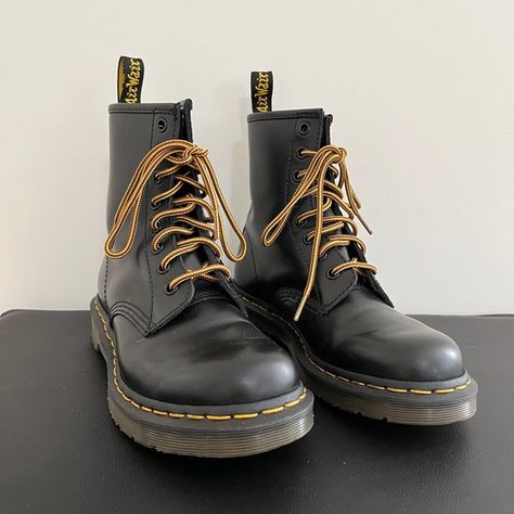 Size 7 Dr. Marten boots with yellow Dr. Marten laces Docmart Shoes, Vans Converse, Clothes Outfit, Dr Martens Shoes, Martens Shoes, Danner Mountain Light Boot, Doc Martens, Dr. Martens Boots, Dr. Martens