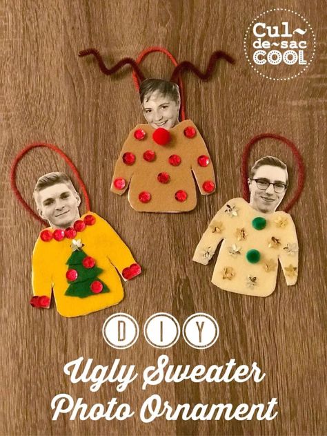 Diy Ugly Sweater, Diy Photo Ornaments, Ugly Christmas Sweater Ornament, Christmas Humor Ecards, Ugly Sweater Diy, Diy Ugly Christmas Sweater, Sweater Ideas, Kids Christmas Ornaments, Photo Christmas Ornaments