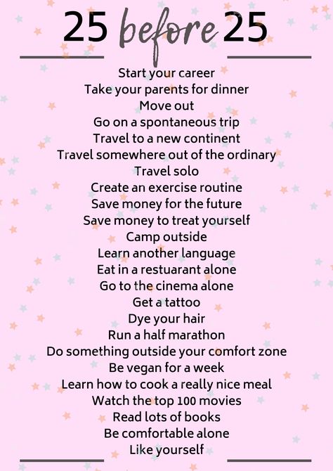 Bucket lists for different stages in your life are a great idea because they make lifetime bucket lists more achievable and it means life won't pass you by. Do these 25 things before turning 25! Everyday To Do List Ideas, Things To Do In Life Bucket Lists, 16 Before 16 Bucket List, Things To Do Before 25 Turning 25, Before Turning 20 Bucket Lists, Do Something New Everyday List, Beauty Bucket List, Personal Growth Bucket List, 20 Things To Do Before 20 Bucket Lists