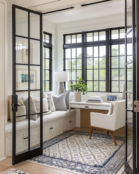 Sharing a little home office inspo today 😍 Can you see yourself working here?  AI Design: @socialnectarco Glass Enclosure Home Office, Enclosed Porch Office, Office Sunroom Combo, Home Office Addition, Enclosed Office Space, Home Office Inspo, Office Addition, Sunroom Makeover, Spare Bedroom Office