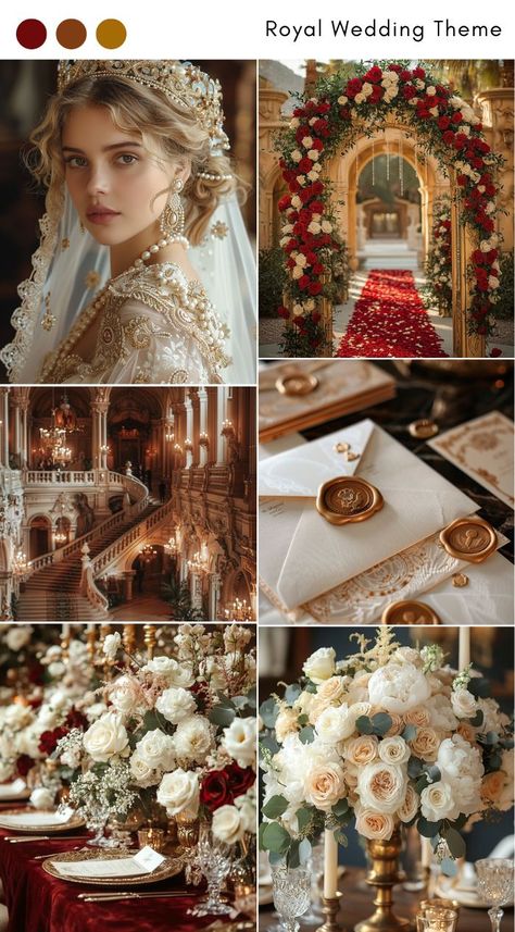 Royal wedding theme ideas for a grand and majestic atmosphere. Wedding Venues Royal, Regal Wedding Theme, Royal Color Palette, Royal Wedding Theme, Royal Colors Palette, Royal Wedding Themes, Regal Decor, Royal Theme, Wedding Theme Ideas