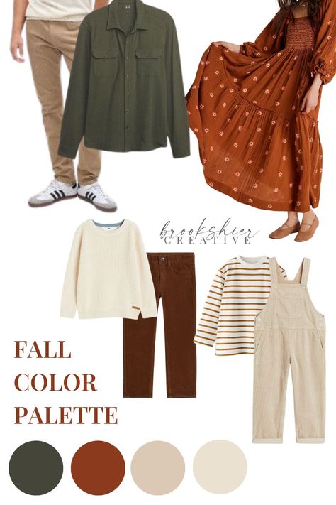 If you are looking for what to wear to your fall family photo session, look no further. These outfits were styled for a family of 4 with two toddler boys. I love the fall colors. This would be perfect for a photo session amongst fall foliage or in a field. November Family Photos Outfits, What To Wear Fall Family Photos, Plus Size Fall Family Photos, Fall Family Photo Outfit Inspiration, Green Cream Brown Family Photos Outfit, Maroon Green Family Pictures, Green Cream Brown Family Photos, Fall Family Photos Green, Green Cream Brown Family Photos Fall