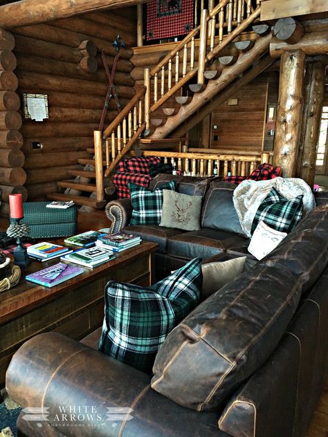 Great Room, Leather Couch, Log Cabin, Plaid Cowboy House, Cabin Great Room, Log Cabin Living Room, Log Cabin Living, Cabin Living Room, Rustic Log Cabin, Log Cabin Kits, Room Store, Cabin Furniture