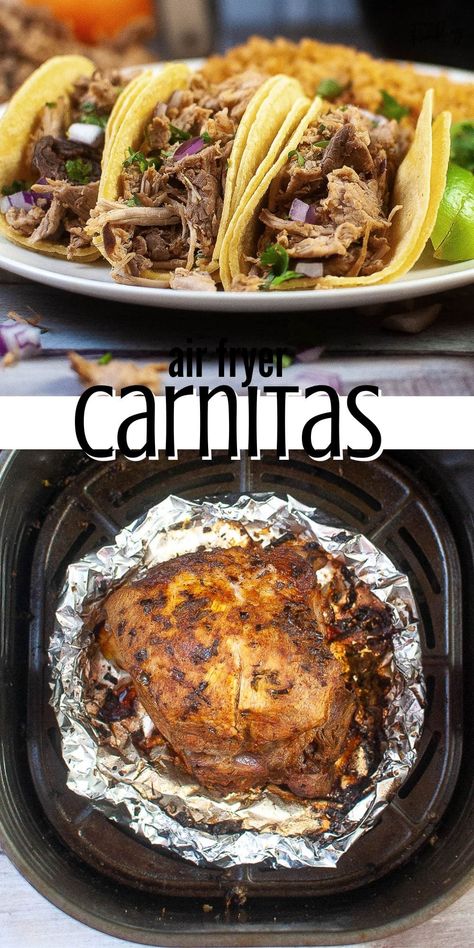 Air Fryer Carnitas Recipes, Carnitas Air Fryer, Air Fryer Carnitas, Pork Loin In Air Fryer Recipe, Pork Cushion Meat Recipes, Air Fryer Pork Roast Recipes, Roast Beef Tacos, Pork Tenderloin Tacos, Pork Fajitas