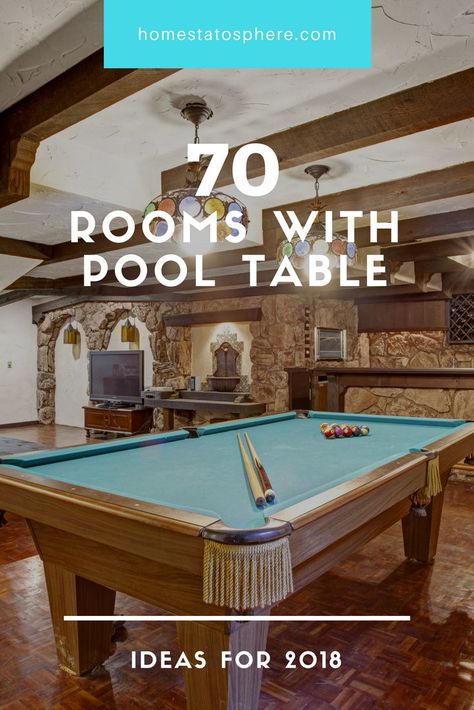 Billiard table in a rustic room with low ceiling, stoned wall and dark flooring accentuated with colorful drop light in the middle.  #home #pooltable #entertainment Basement Pool Table Room, Room With Low Ceiling, Billiards Room Decor, Dark Flooring, Finish A Basement, Pool Table Games, Entertainment Rooms, Pool Table Room, Fireplace Bookshelves