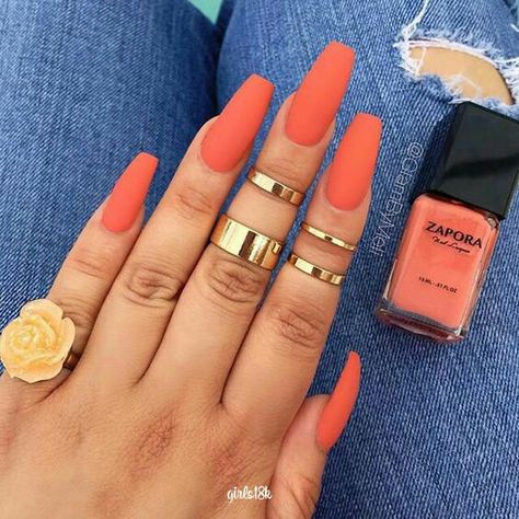 Matte orange Coral Acrylic Nails, Orange Nail, Matte Nails Design, Summer Acrylic Nails, Orange Nails, Nails Toes, Coffin Nails Designs, Beauty Nail, Nails Done