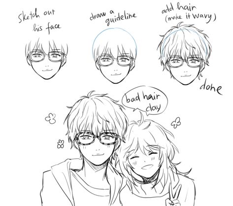 Draw Messy Hair, Boy Hair Drawing, Mystic Messenger 707, Drawing Cartoon Faces, Anime Boy Hair, Art Advice, Hair Sketch, Body Pose Drawing, Messy Hair