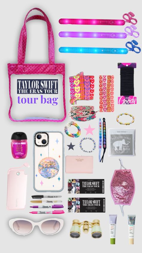 what to bring (SO EXCITING) #theerastour #taylorswift #lover #tour #travel #pink #glossier #concert #summer Eras Tour Gift Bags, Eras Tour Goodie Bag, Concert Goodie Bags, Eras Tour Bag Essentials, Taylor Swift Concert Bag, What To Bring To Concert, What To Bring To Eras Tour, Things To Bring To A Concert, What To Bring To The Eras Tour