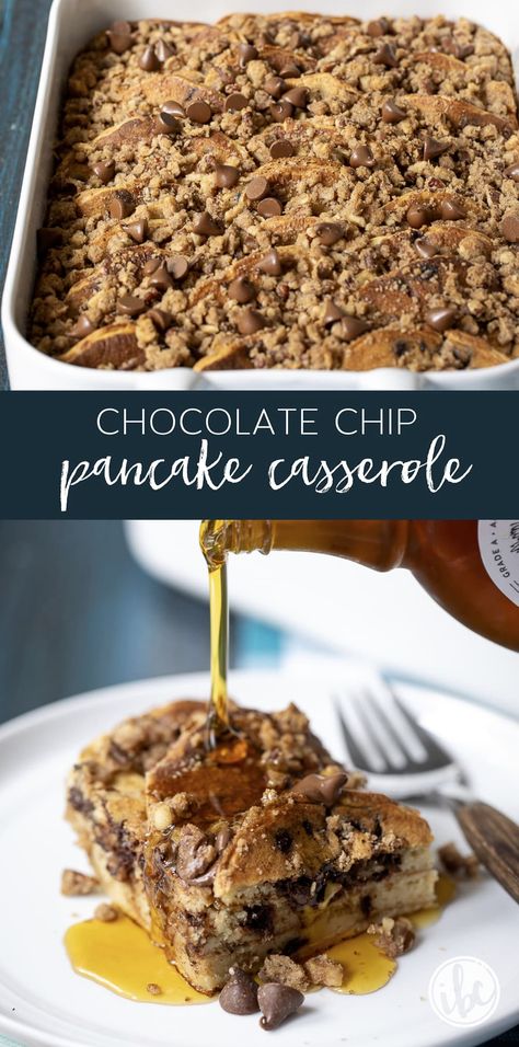 Chocolate Chip Pancake Casserole, Leftover Pancakes Ideas, Pancake Breakfast Casserole, Overnight Breakfast Bake, Homemade Chocolate Chip Pancakes, Easy Overnight Breakfast, Pancake Casserole, Overnight Casserole, Chocolate Chip Pancake