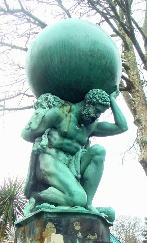 Bronze statue of Wales Portmeirion Atlas holding the sphere of the heavens upon his shoulders, which is situated in North Wales, United Kingdom. Hercules Statue, Atlas Tattoo, Greek Mythology Tattoos, Greek Statues, Statues For Sale, Roman Sculpture, Greek Gods And Goddesses, Greek And Roman Mythology, Roman Mythology