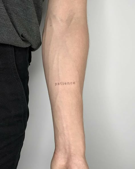 Patience Tattoo Ideas, Tattoo On Guys, Word Tattoo Placements, Patience Tattoo, Unique Tattoos Black Women, Tatuagem Masculina Pequena, Small Forearm Tattoos, Single Line Tattoo, Mini Tattoo