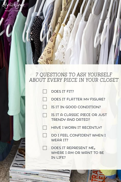 how to organize your closet - 7 questions to ask yourself about every peice Organize Closet, How To Organize Your Closet, Organize Clothes, How To Have Style, Stylist Tips, Organize Your Closet, Clothes Closet Organization, Wardrobe Organisation, Deep Cleaning Tips