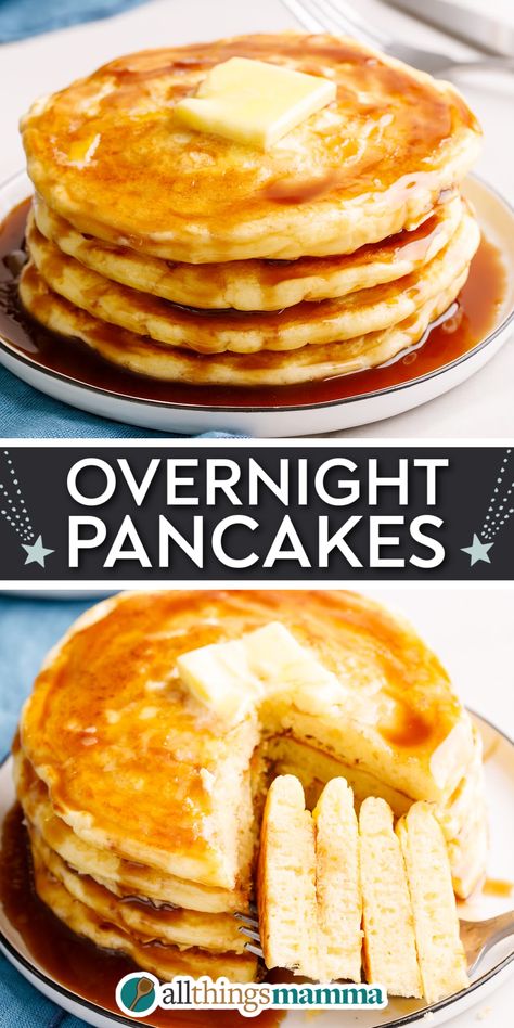 collage image with the top image showing a stack of four Overnight Pancakes topped with a tab of butter and homemade syrup and the bottom image showing the pancakes being cut into to reveal the cross section Yeast Pancakes Overnight, Slow Cooker Pancakes, Yeast Pancakes Recipe, Different Types Of Pancakes, Overnight Pancake Batter, Make Ahead Pancake Batter, Yeasted Pancake, Crockpot Pancakes, Hungry Jack Pancake Mix Recipes