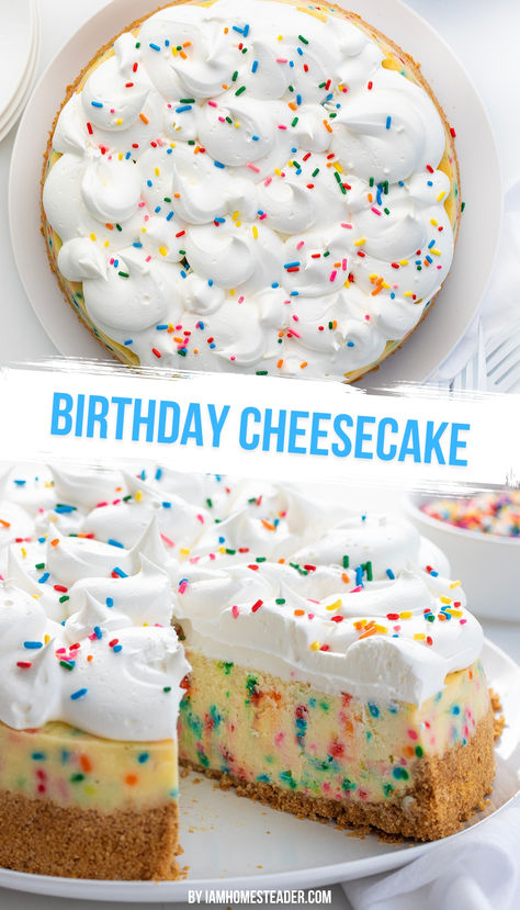 One image shows the cheesecake from above on a white plate with a white fork and three small white plates. The second image shows the cheesecake with one slice removed, on a white plate  with a small white dish of sprinkles behind it. Crumbl Cookie Birthday Cake, 40th Birthday Cheesecake, Birthday Cake Cheesecake Recipes, Alternatives For Birthday Cake, Desserts For Neighbors, Birthday Cake Desserts, Cow Cheesecake, Diy Birthday Cake For Him, Birthday Dessert Ideas Not Cake