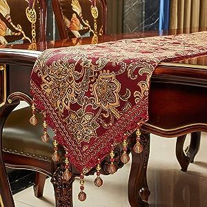 Luxury Vintage Table Runners 72 inches Long Embroidery Jacquard Fabric with Multi-Tassels Table Runners for Dining Room Dresser Wedding Thanksgiving Holiday Party Decorations (Red, 12X72inch) Burgundy Table Cloth With Gold Runner, Cream Table Cloth With Burgundy Runner, Burgundy Tablecloth With Gold Runner, Red Dining Room Decor, Narnia 1, Dining Room Dresser, Festive Dining Table, Christmas Table Runners, Red Table Runner