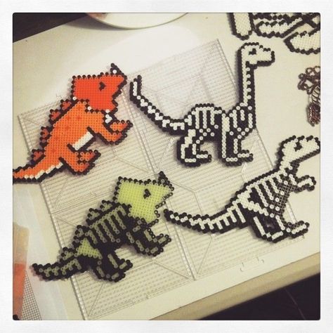 Dinosaur Skeletons, Perler Creations, Pearl Beads Pattern, Art Perle, Hama Beads Design, 8bit Art, Perler Bead Templates, Motifs Perler, Astuces Diy