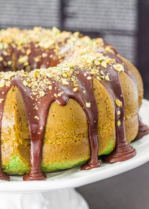 Pistachio Bundt Cake with Chocolate Ganache - perfect cake for St. Patrick's day. Soft, chocolaty, delicious and topped with pistachios. Pistachio Bundt Cake, Foodie Desserts, Green Butter, Cake With Chocolate Ganache, Spring Form, Chocolate Ganache Recipe, Fig Cake, Jo Cooks, Ganache Recipe